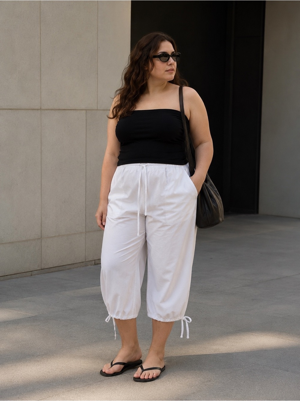 Anonyme Sans Toi White Rayon Capri Pants XXL Boho Elastic Back